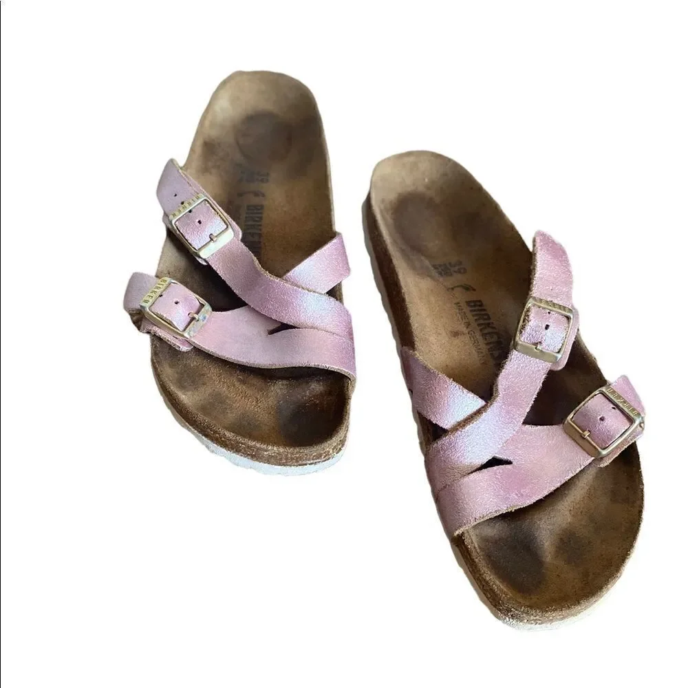 Birkenstock Yao Pink Metallic Suede Slide Sandals Size 8-8.5/39